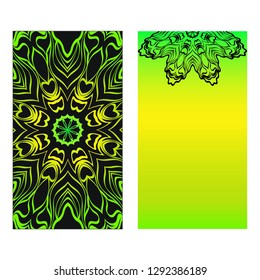 Neon color Set of two design template brochures, cards, invitations, flyers with mandala ornament for a yoga studio. Vector illustration.