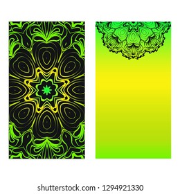 Neon color Set of two design template brochures, cards, invitations, flyers with mandala ornament for a yoga studio. Vector illustration.