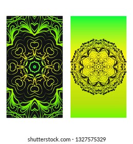 Neon color Set of two design template brochures, cards, invitations, flyers with mandala ornament for a yoga studio. Vector illustration.