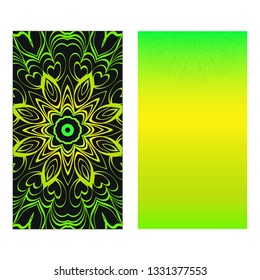 Neon color Set of two design template brochures, cards, invitations, flyers with mandala ornament for a yoga studio. Vector illustration.