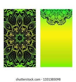 Neon color Set of two design template brochures, cards, invitations, flyers with mandala ornament for a yoga studio. Vector illustration.