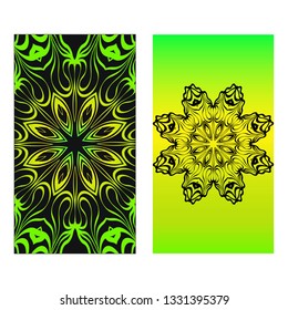 Neon color Set of two design template brochures, cards, invitations, flyers with mandala ornament for a yoga studio. Vector illustration.