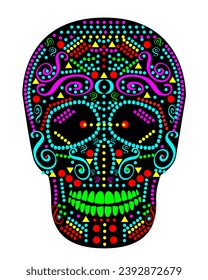 Neon color skull with dots, Mexico, Day of the dead and Halloween icon background