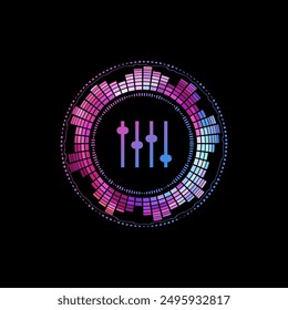 Neonfarbenes Klangwellensymbol oder -taste auf komplett schwarzem, isoliertem Hintergrund. Ein Vektordesign-Element mit einer runden Entzerrergrafik, ideal für Projekte mit Audio-Themen.