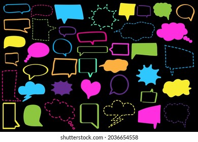 Icono de burbujas de voz de color neón activado en fondo negro. emblema de conversación. Símbolo del mensaje. Ilustración vectorial. Imagen de archivo. 