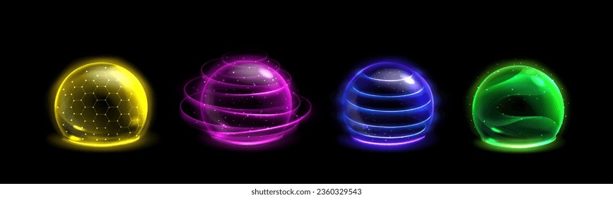 Neon color sphere shields set isolated on black background. Vector realistic illustration of blue, purple, green, yellow 3D domes, magic power barrier, data security, environmental protection concept