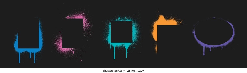 Neon color spray stencils set isolated on black background. Vector realistic illustration of rectangular, square, round paint splatter borders, airbrush silhouette, grungy street art frames with drips