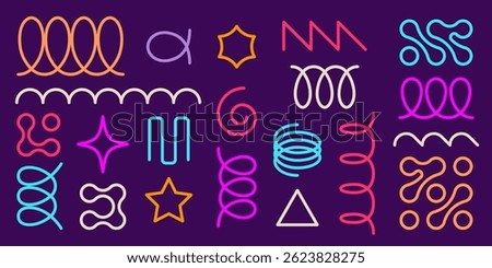Neon color spring coil shapes set isolated on background. Vector illustration of thin spiral doodle, oval loop, zigzag line, abstract metaball, flexible coil elements for design, squiggles collection