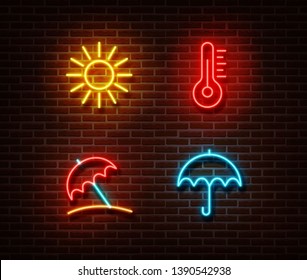 Neon color summer signs vector isolated on brick wall. Sun, temperature, umbrella light symbol, Summer yellow, pink, blue decoration effect. Neon summer illustration.