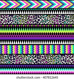 neon color tribal Navajo seamless pattern with leopard texture. aztec fancy abstract geometric vector art print. ethnic hipster backdrop. Wallpaper, cloth design, fabric, paper, wrapping, textile.