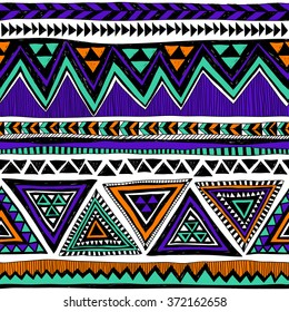 neon color tribal Navajo vector seamless pattern with doodle elements. aztec abstract geometric art print. ethnic hipster backdrop. Wallpaper, cloth design, fabric, paper, cover, textile. Hand drawn