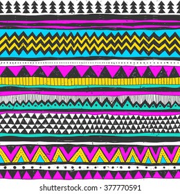 neon color tribal Navajo vector seamless pattern with doodle triangles. aztec abstract geometric print. ethnic hipster backdrop. Wallpaper, cloth design, fabric, paper, cover, textile. Hand drawn