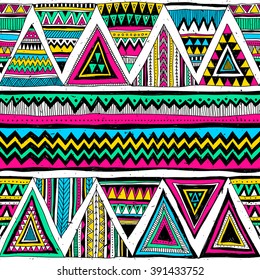 neon color tribal Navajo vector seamless pattern with doodle triangles. aztec abstract geometric print. ethnic hipster backdrop. Wallpaper, cloth design, fabric, paper, cover, textile. Hand drawn