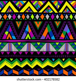 neon color tribal Navajo vector seamless pattern with doodle elements. aztec abstract geometric art print. ethnic hipster backdrop. Wallpaper, cloth design, fabric, paper, cover, textile. Hand drawn