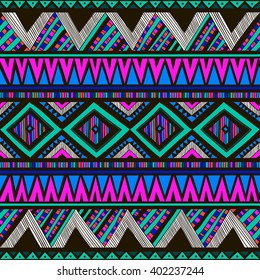 neon color tribal Navajo vector seamless pattern with doodle elements. aztec abstract geometric art print. ethnic hipster backdrop. Wallpaper, cloth design, fabric, paper, cover, textile. Hand drawn