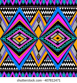 neon color tribal Navajo vector seamless pattern with doodle elements. aztec abstract geometric art print. ethnic hipster backdrop. Wallpaper, cloth design, fabric, paper, cover, textile. Hand drawn
