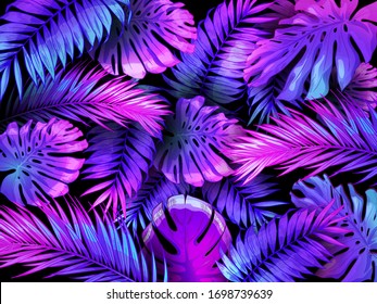 Neon color tropical leaves. Trendy colorful palm tree leaf, jungle background and purple exotic plants leaves vector wallpaper illustration. Jungle monstera palm, botanic repetition colored background