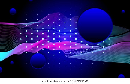 Neon color neon vector background with bright light planets and stars cosmos banner