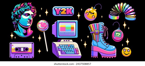 Pegatinas y2k de color neón. Pc retro, escultura griega psicodélica, sonrisa, botas altas, cassette, juguetes viejos, slinky, piruleta, en estilo retro y2k de moda. Ilustraciones vectoriales. Nostalgia de los años 90-2000.	