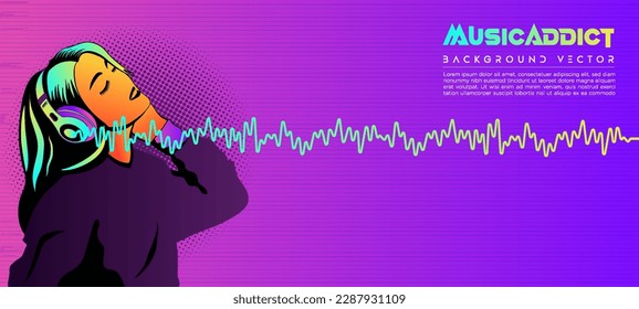 Neon Color young girl enjoy listening music using headset illustration background