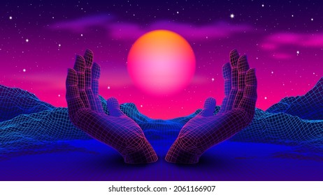 Neon colored 80s or 90s styled landscape with 3D hands holding the glowing purple sun