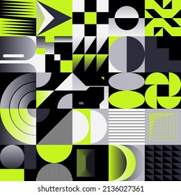 Neon colored abstract vector pattern artwork made with various geometric shapes and elements. Digital graphics design for poster, cover, art, presentation, prints, fabric, wallpaper and etc.