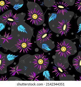 Neon Colored Flowers on Black background Vector Seamless Pattern