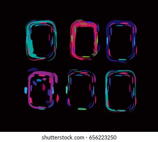 Neon colored funky borders in the retro-futuristic style of the 60s. Iridescent blue, pink, green or turquoise and purple hand painted square vertical frames and borders set. Fluorescent shiny design.