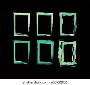 Neon colored funky borders in the retro-futuristic style of the 60s. Iridescent hand painted green, turquoise, grey, blue square vertical frames and borders set. Fluorescent shiny greenery design.