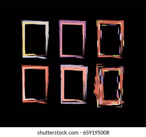 Neon colored funky borders in the retro-futuristic style of the 60s. Iridescent hand painted purple, pink, blue square vertical frames and borders set. Fluorescent shiny hipster party design elements.