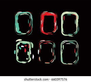 Neon colored funky borders in the retro-futuristic style of the 60s. Iridescent hand painted red, green, grey square vertical frames and borders set. Fluorescent hipster shiny design frame elements.