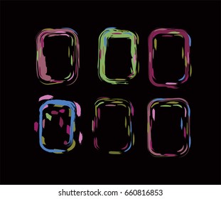 Neon colored funky borders in the retro-futuristic style of the 60s. Grey, orange, pink, purple iridescent hand painted square vertical frames and borders set. Hand-painted fluorescent shiny design. 