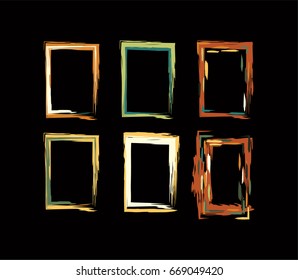 Neon colored funky borders in the retro-futuristic style of the 60s. Grey, orange, pink, purple iridescent hand painted square vertical frames and borders set. Hand-painted fluorescent shiny design. 
