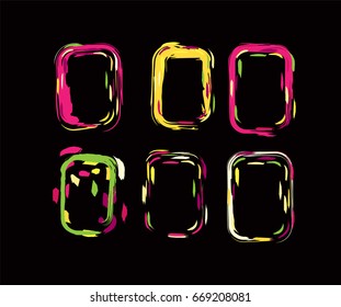 Neon colored funky borders in the retro-futuristic style of the 60s. Grey, orange, pink, purple iridescent hand painted square vertical frames and borders set. Hand-painted fluorescent shiny design. 