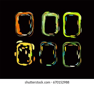 Neon colored funky borders in the retro-futuristic style of the 60s. Grey, orange, pink, purple iridescent hand painted square vertical frames and borders set. Hand-painted fluorescent shiny design. 
