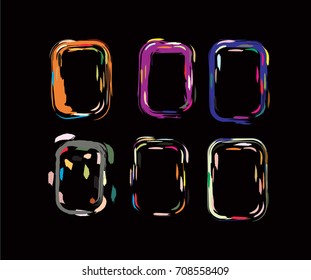 Neon colored funky borders in the retro-futuristic style of the 60s. Iridescent orange, blue, pink, purple hand painted square vertical frames and borders set. Fluorescent shiny ads design elements.
