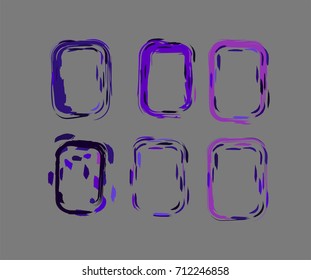 Neon colored funky borders in the retro-futuristic style of the 60s. Iridescent hand painted purple, pink, blue square vertical frames and borders set. Fluorescent shiny hipster party design elements.