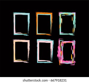 Neon colored funky vector borders in the retro-futuristic style of the 60s. Iridescent hand painted square vertical frames and borders set. Fluorescent yellow, green, pink, grey shiny design.