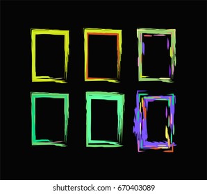 Neon colored funky vector borders in the retro-futuristic style of the 60s. Iridescent hand painted square vertical frames and borders set. Fluorescent green, orange, blue, yellow, purple shiny design