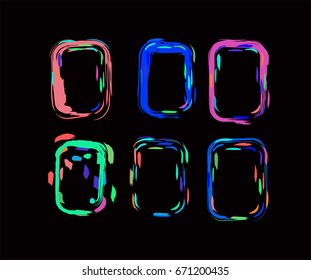 Neon colored funky vector borders in the retro-futuristic style of the 60s. Iridescent hand painted square vertical frames and borders set. Fluorescent green, orange, blue, yellow, purple shiny design