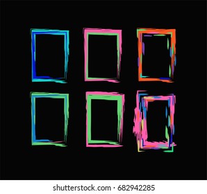 Neon colored funky vector borders in the retro-futuristic style of the 60s. Iridescent hand painted square vertical frames and borders set. Fluorescent green, orange, blue, yellow, purple shiny design