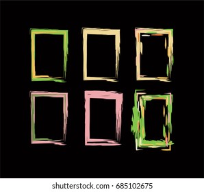 Neon colored funky vector borders in the retro-futuristic style of the 60s. Iridescent hand painted square vertical frames and borders set. Fluorescent yellow, green, pink, grey shiny design.