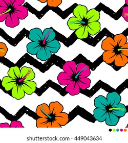 Neon colored hibiscus with brushed chevron pattern vector background