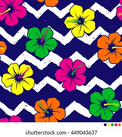 Neon colored hibiscus with brushed chevron pattern vector background