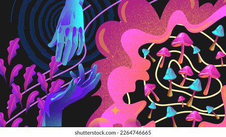 Imágenes de color neón sobre fondo negro. Las manos se alcanzan entre ellas. Mano azul, setas rosas. Elementos surrealistas de estilo psicodélico. Universo, sueño, imaginación, arte creativo. Ilustración vectorial