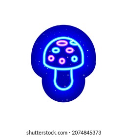 Neon colored mushroom icon. Midnight blue. Neon wild mushroom food design. Realistic neon icon. There is mask area on White Background.