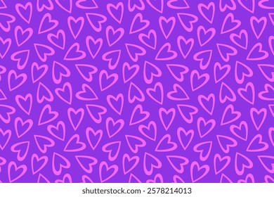 Neon colored psychedelic heart pattern background, Valentine's wallpaper with pink hearts on purple