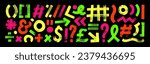 Neon colored punctuation signs drawn with a bold brush. Check marks, exclamation and question marks, brackets, grids and various signs. Vector highlighters, hand drawn underlines, typography symbols.
