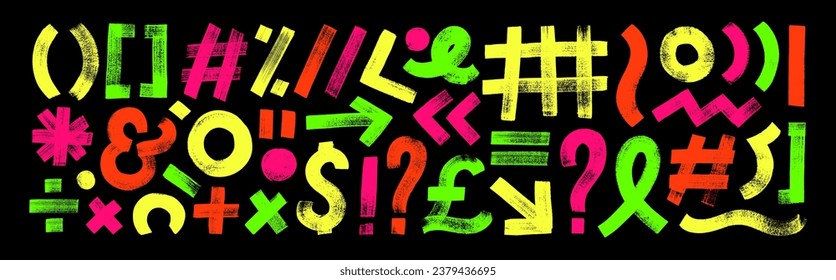 Neon colored punctuation signs drawn with a bold brush. Check marks, exclamation and question marks, brackets, grids and various signs. Vector highlighters, hand drawn underlines, typography symbols.