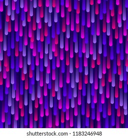 Neon colored purple rain drops on dark blue background. Random placed and colored stripes pattern. Vector illustration